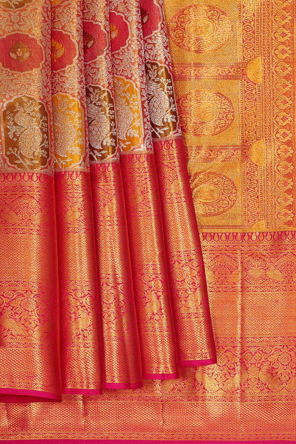 Image of Kanchipattu Pinkish Red Tissue Brocade Saree